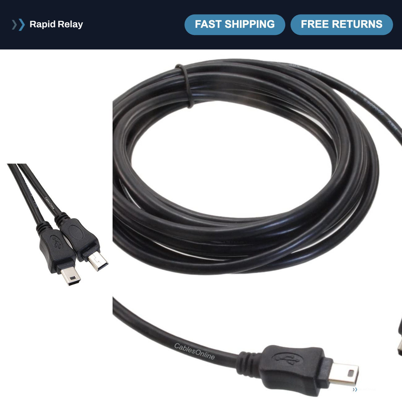 10ft USB 2.0 Mini-B 5-Pin Male to Male Cable - High-Speed Data Transfer, Durable