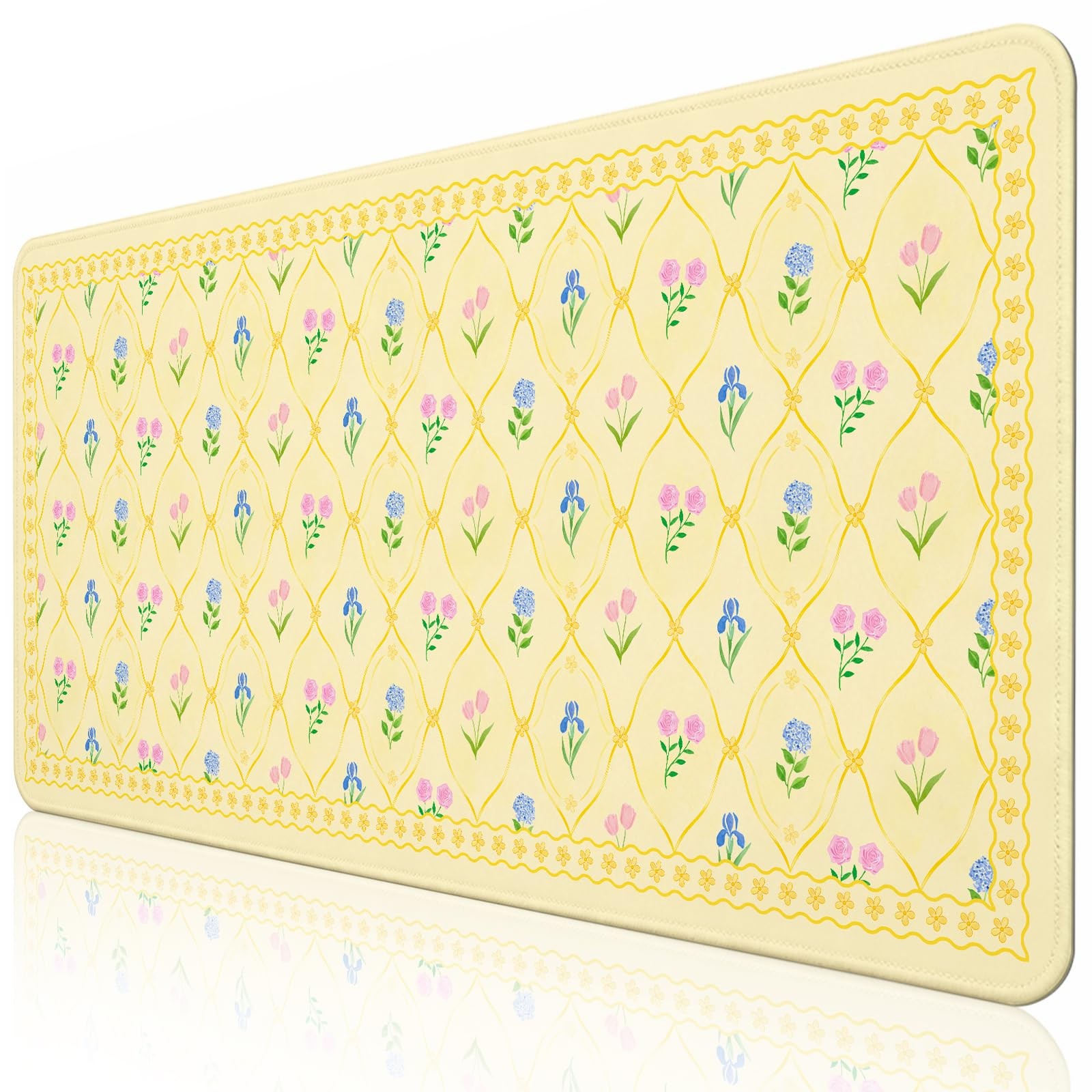 Floral Yellow Mouse Pad Large 35.4×15.7 Girly Desk Mat