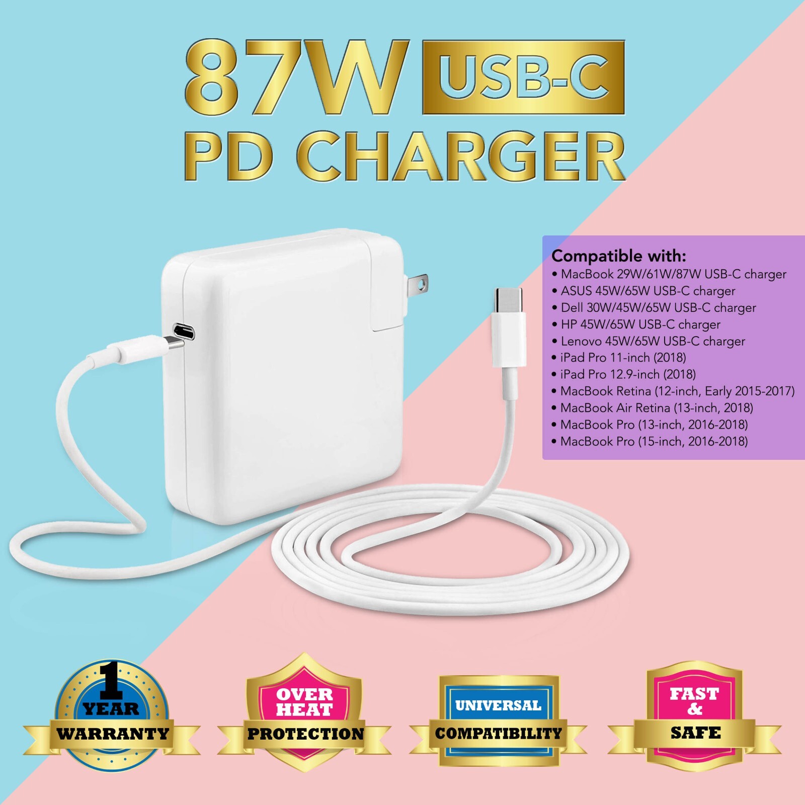 87W USB-C Replacement Charger for MacBook Pro 13" A2338 A2251 A2289 (M1,2020)