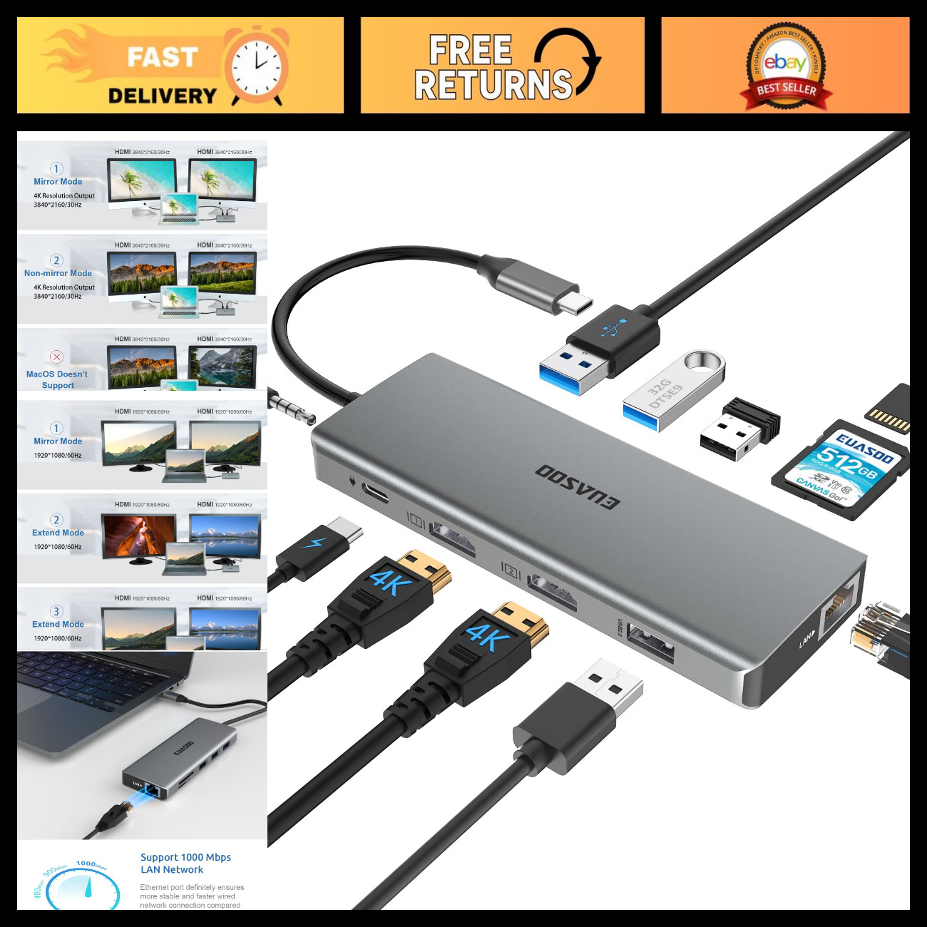 11-in-1 USB C Docking Station - Dual 4K HDMI, Gigabit Ethernet, PD 3.0, 4 USB Po