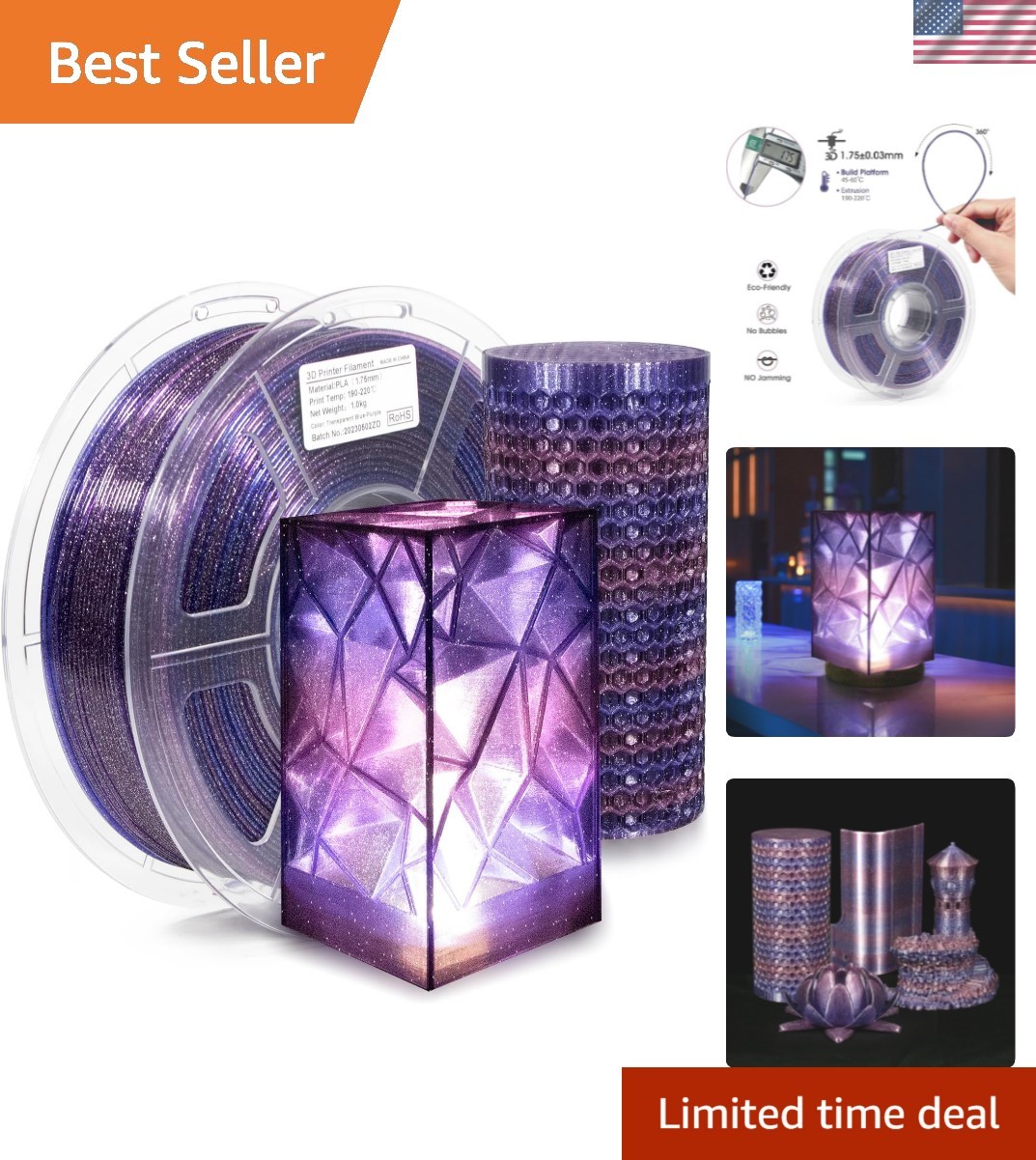 1KG Transparent Multicolor Glitter PLA Filament - Nebula Blue Purple Gradient