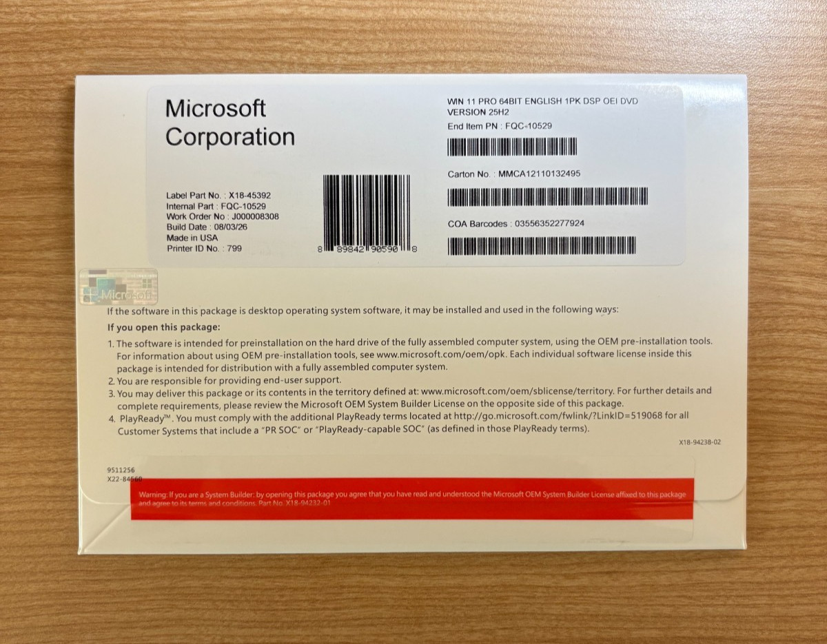 Microsoft Windows 11 Pro 64 Bit Product Key & DVD  English  Version 25H2 OEM