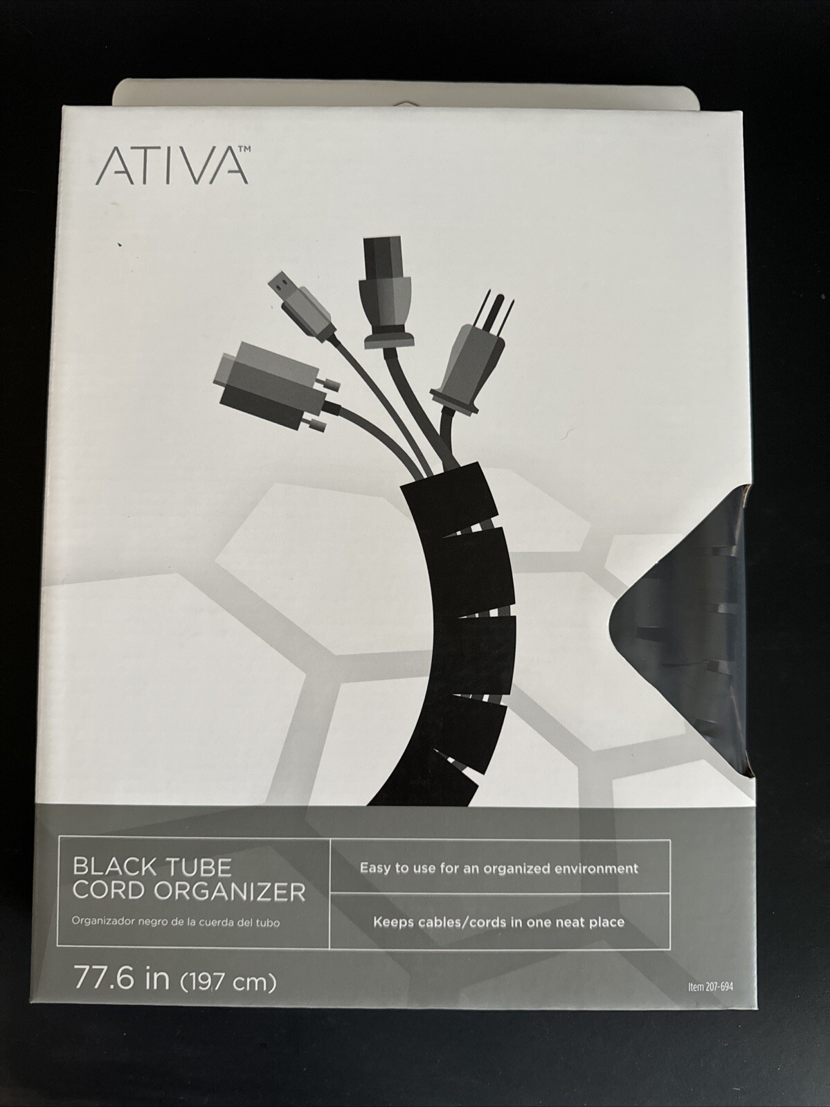 NEW Ativa Cord Desk Organizer 77.6in - 6.46ft Black