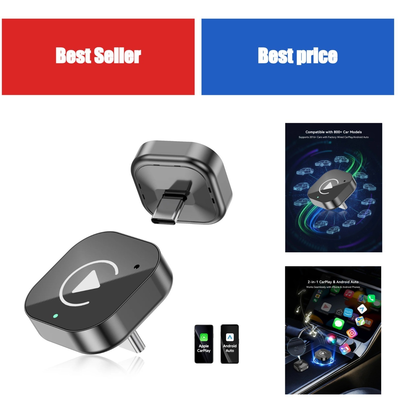 Wireless CarPlay Adapter USB-C 2 in 1 for Android Auto, Plug and Play Dongle