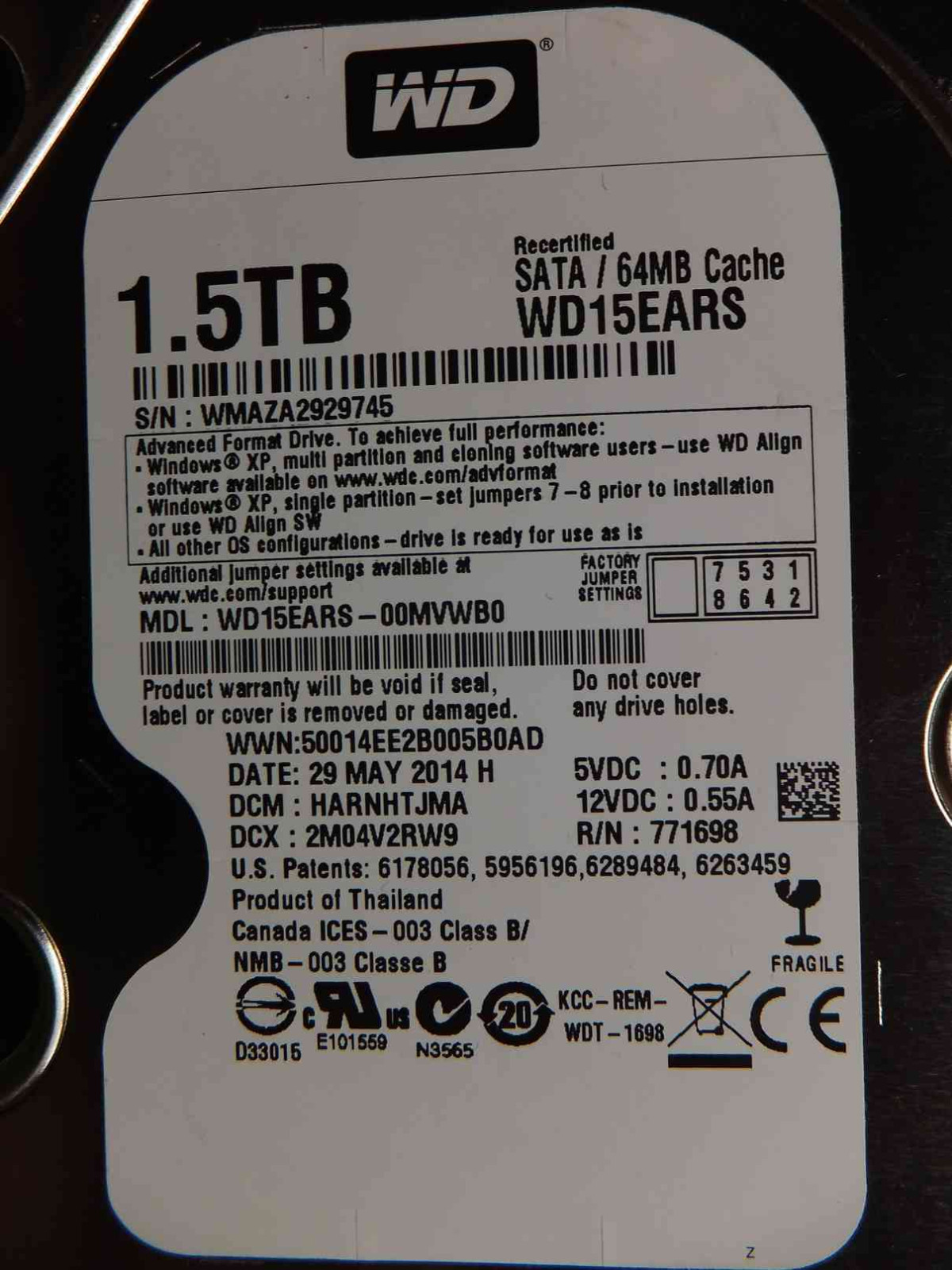 Western Digital 1.5TB WD15EARS-00MVWB0 DCM:HARNHTJMA | 29 MAY 2014