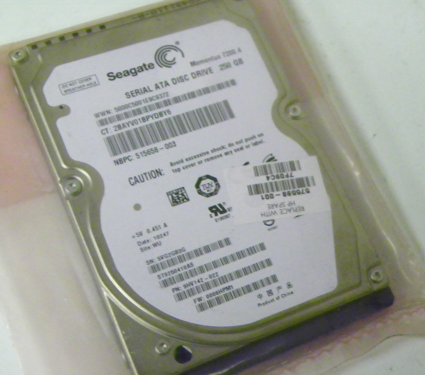 Seagate ST9250410AS P/N 9HV142-022 FW:0006HPM1 WU 250GB 2.5" SATA Hard Drive