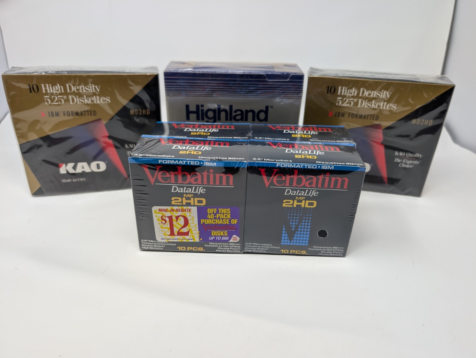 40 Verbatim DataLife MF-2HD 3.5 Floppy Disks + 30 5.25 Kao Highland Disks Sealed