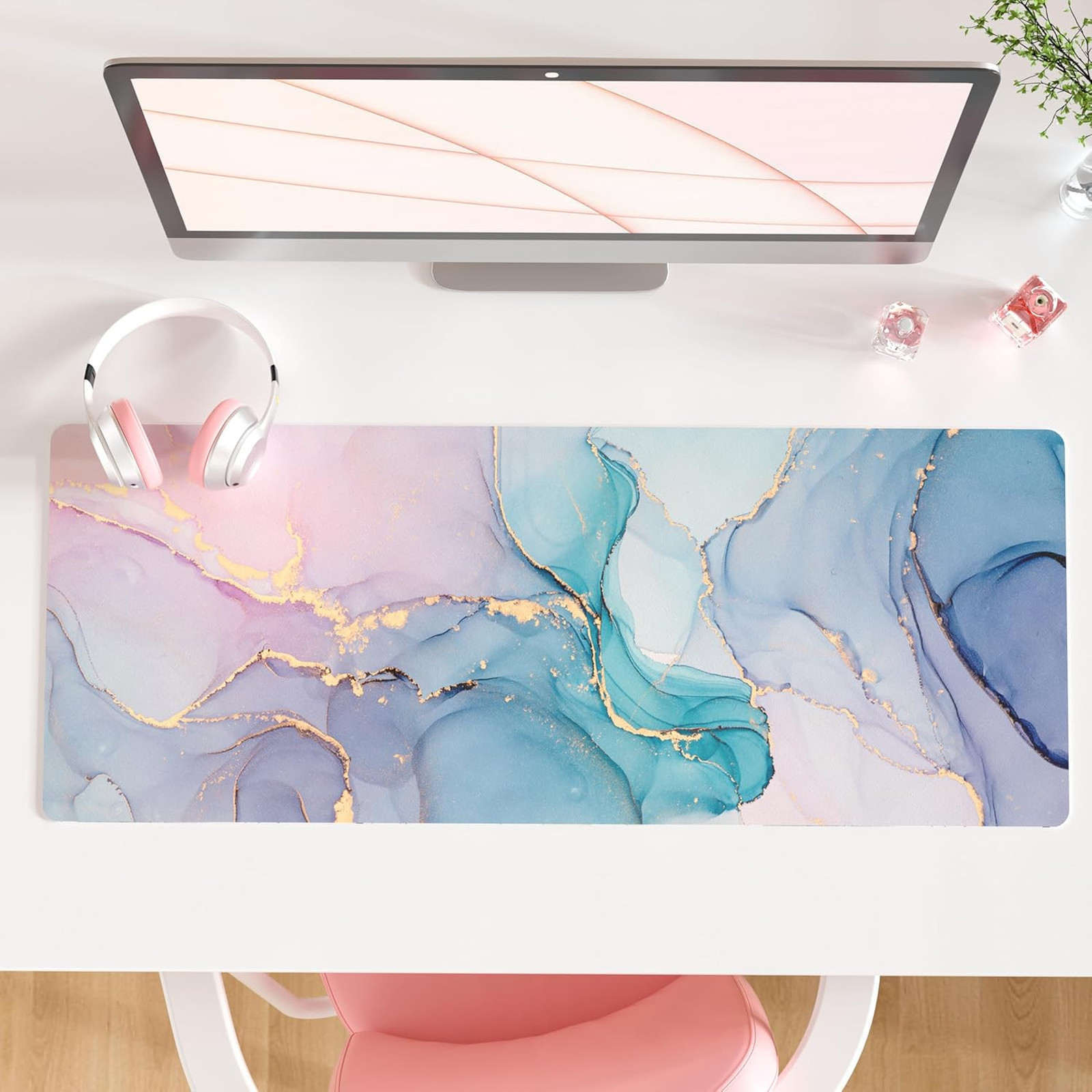 Large PU Leather Desk Mat 31.5x11.8 Inch Waterproof Gaming Mousepad Marble Blue