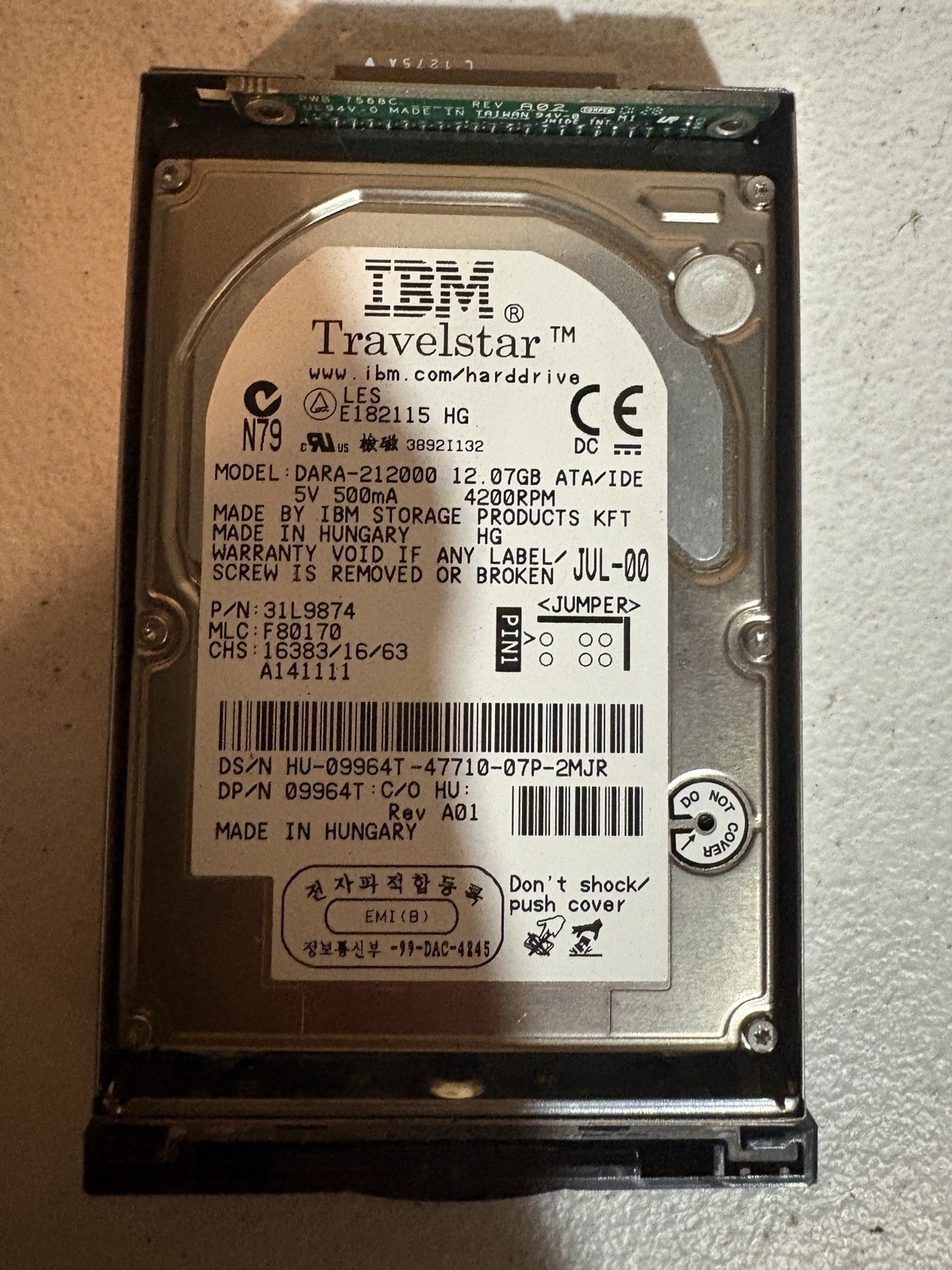 IBM Travelstar DARA-212000 12.07GB 2.5” IDE ATA Hard Drive 4200RPM NOS Vintage