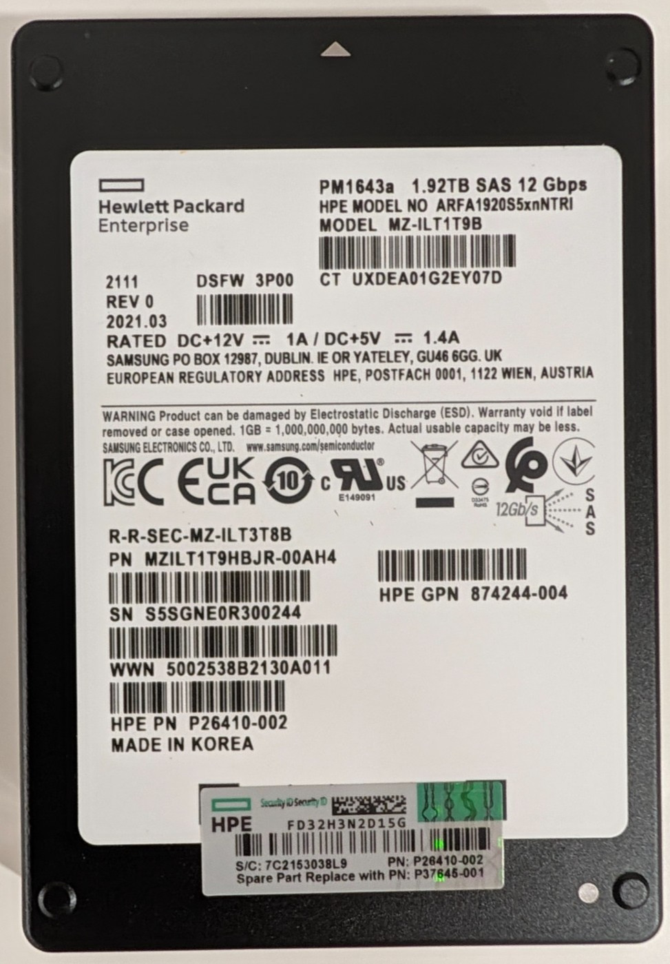 Samsung PM1643a 1.92TB 2.5" SAS 12G SSD MZ-ILT1T9B 512-Byte 95% Health Tested
