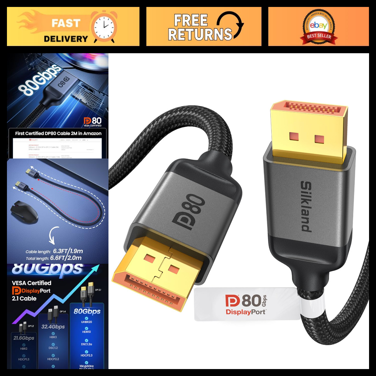 High-Speed 80Gbps DisplayPort 2.1 Cable, VESA Certified, 6.6FT/2M, DP80 HDR