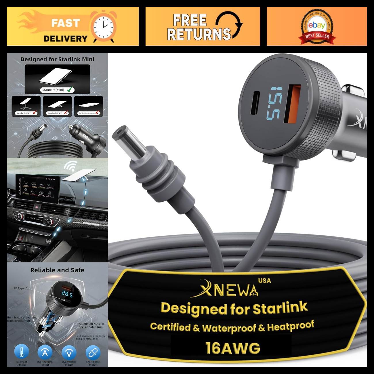 5M Mini Car Adapter & 3-in-1 Power Cable for Starlink - Versatile Charging Solut
