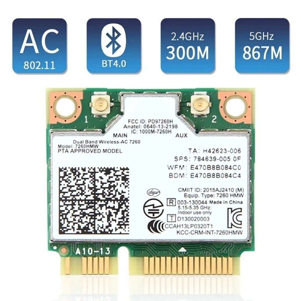 Intel 7260HMW Dual-Band Wireless-AC Card, 802.11ac WiFi + Bluetooth 4.0 for PC
