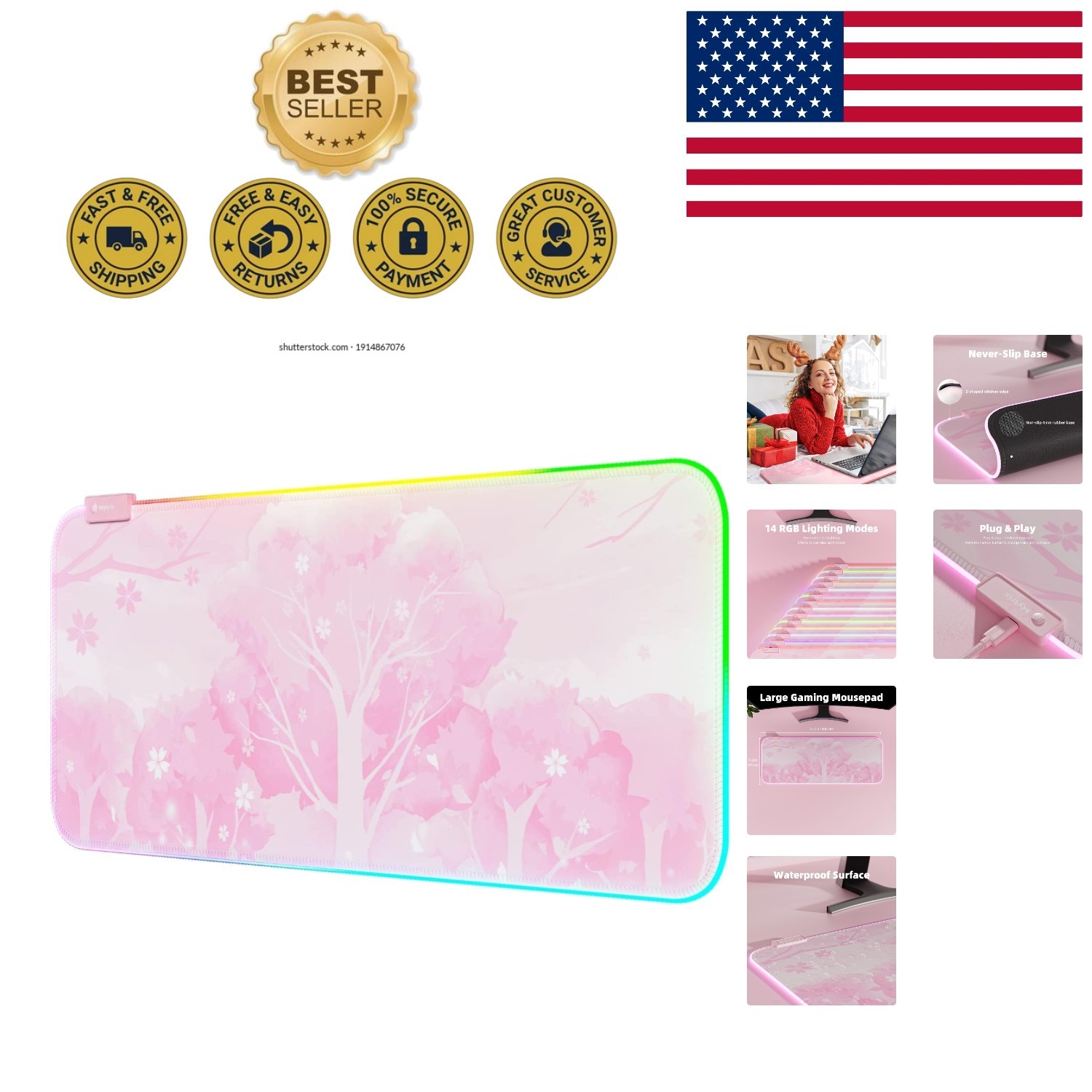Stylish Pink Sakura Gaming Mouse Pad - Enhanced RGB Lighting & Non-Slip Base