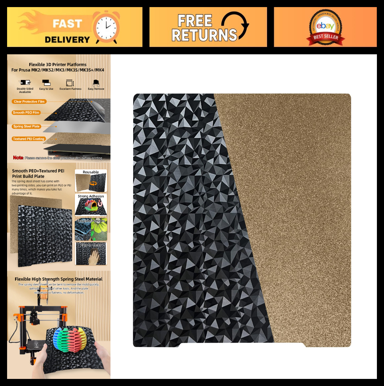 Flexible PEI Build Plate 241x253.8mm for Prusa MK4 MK3 MK2 3D Printers - Texture