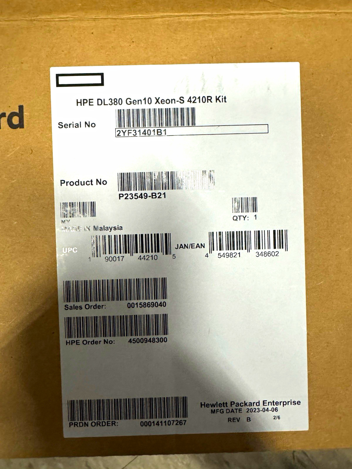 HPE ProLiant DL380 Gen10 Intel Xeon Silver 4210R 10-Core 2.20GHz P23549-B21