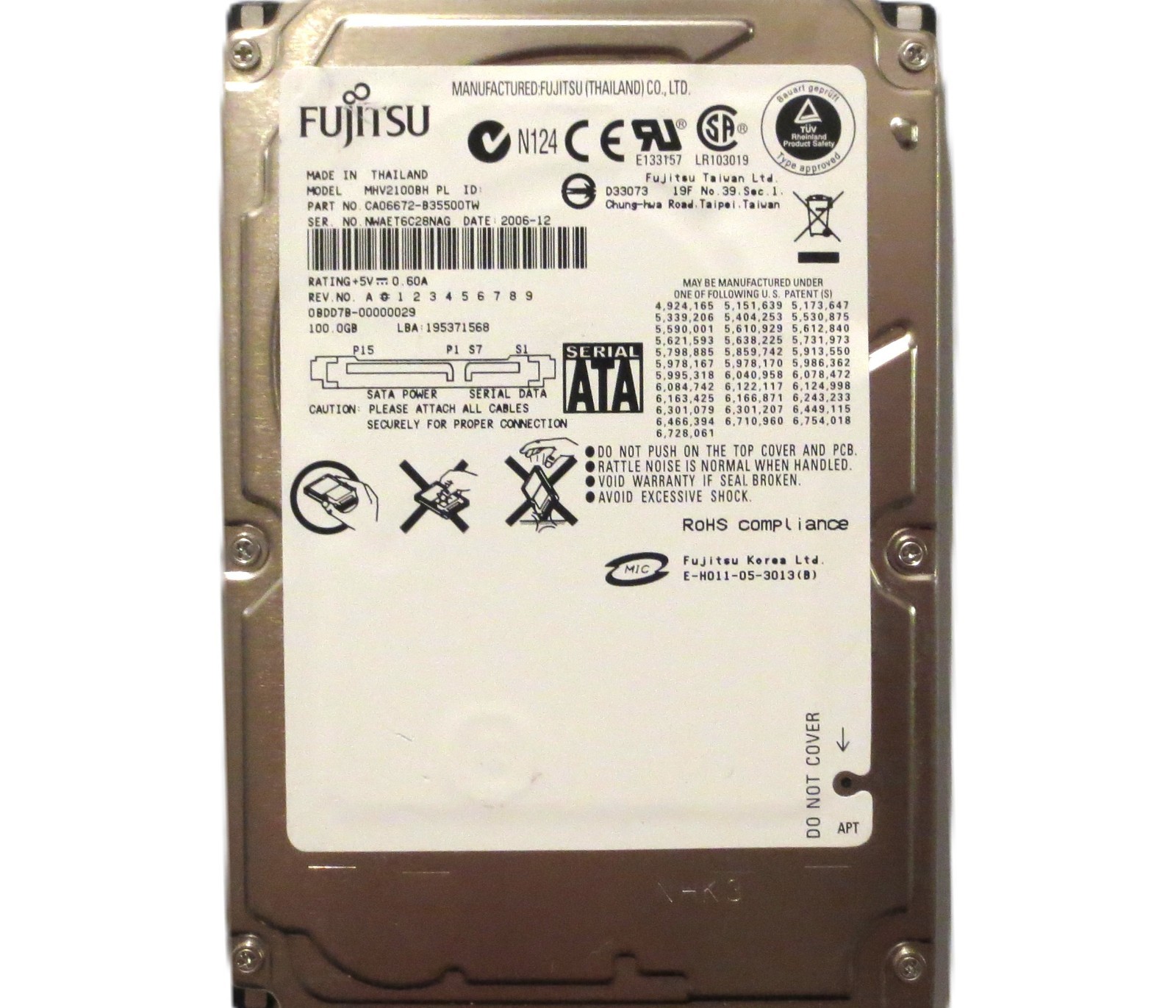 MHV2100BH PL CA06672-B35500TW 0BDD7B-00000029 (NWA) Thailand 100gb Sata 2006-12