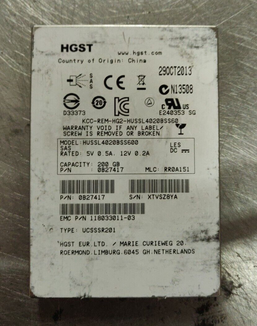 2x EMC 005050362 118033011-03 (HGST 0B27417) 200GB 2.5" SAS SSD - NO Tray