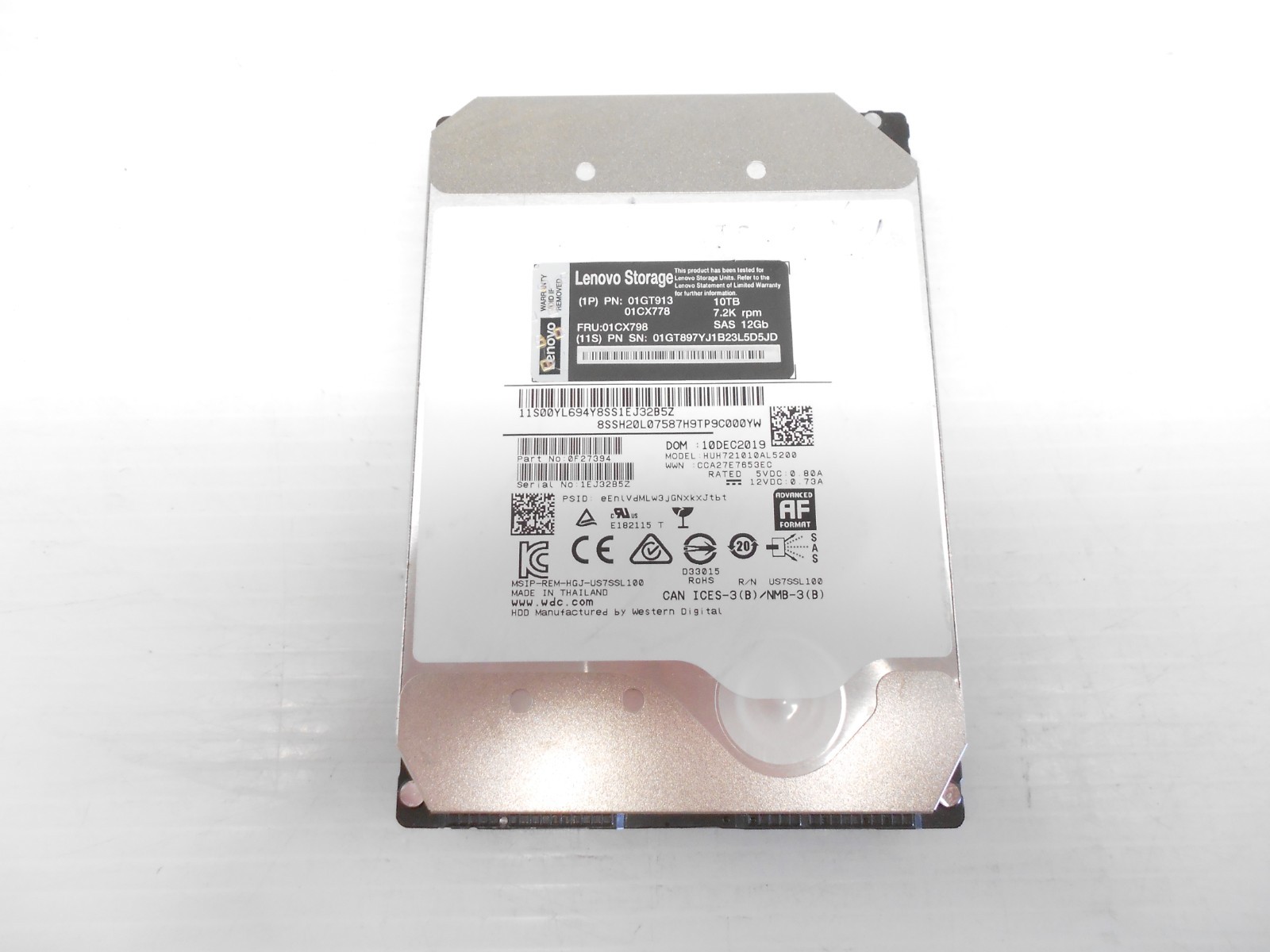 WD Lenovo 01GT913 10TB 12G 3.5" SAS Hard Drive Server JBOD HUH721010AL5200
