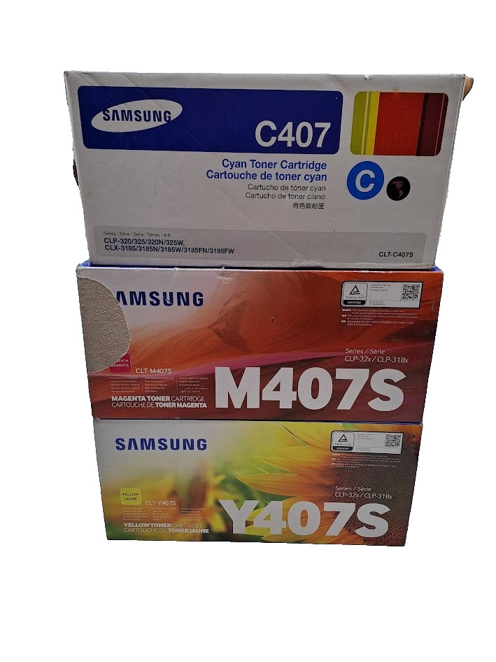 Lot of 3 Samsung Toner Cartridge Cyan C407 & M407S Magenta & Y407S Yellow