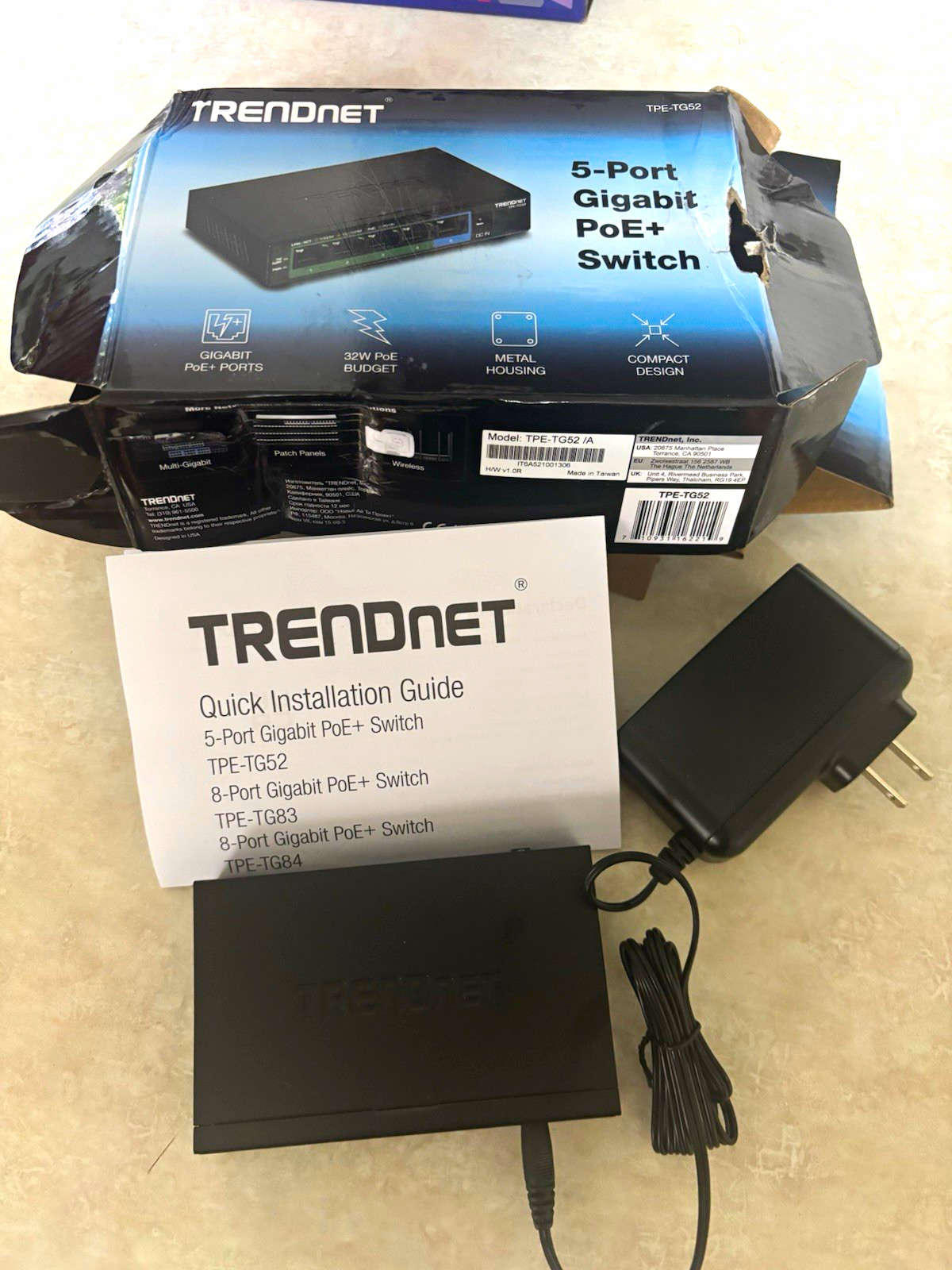 TRENDnet TPE-TG52 5-Port Gigabit PoE+ Unmanaged Switch w/ Power Adapter