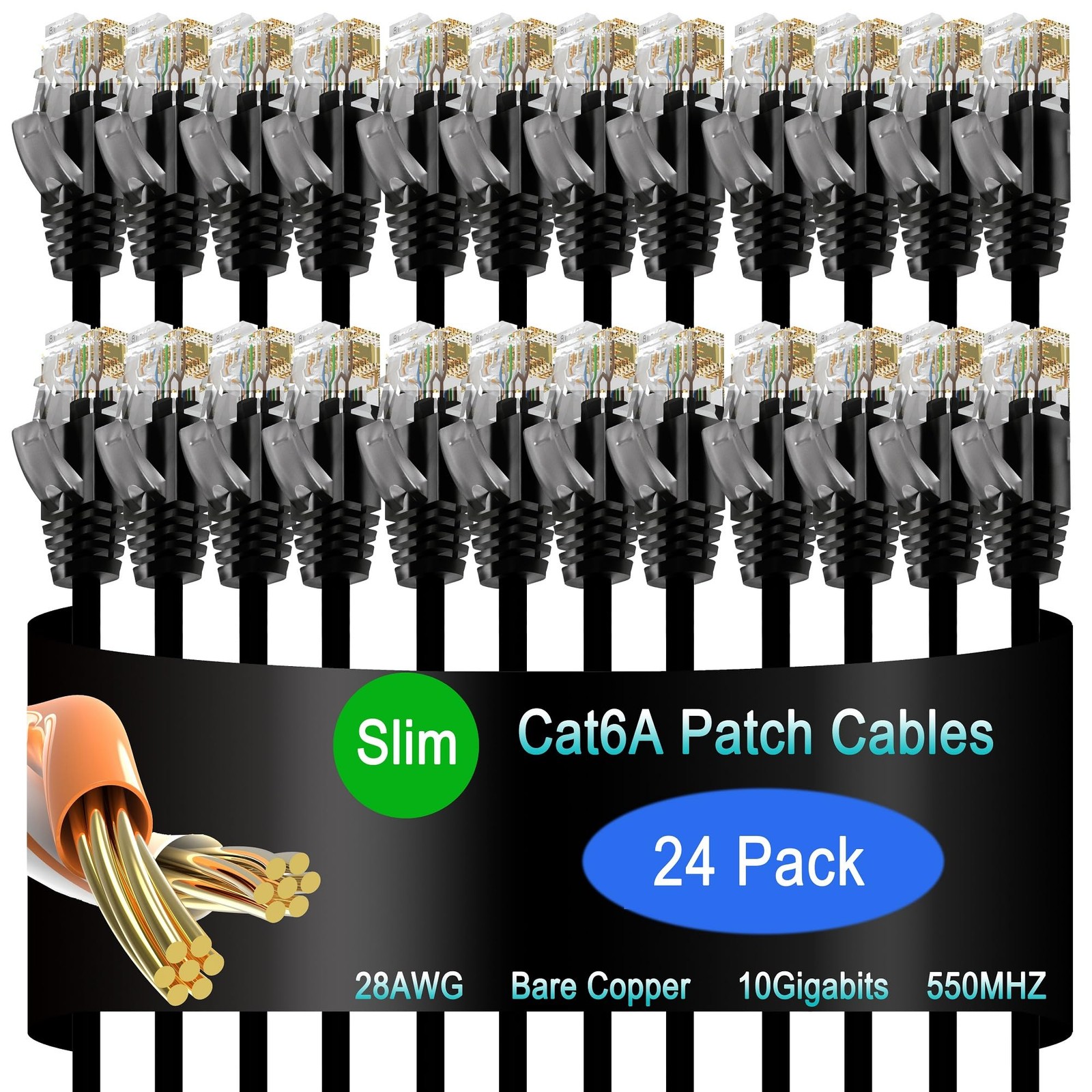 24 PCS Black 2 Ft Cat6a Slim Ethernet Patch Cable 10G Data Center Network