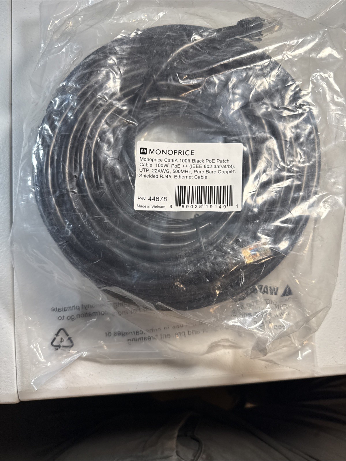Monoprice Cat6A 100 Ft Black Poe++ Patch Cable 44678 22 AWG Copper Shielded RJ45