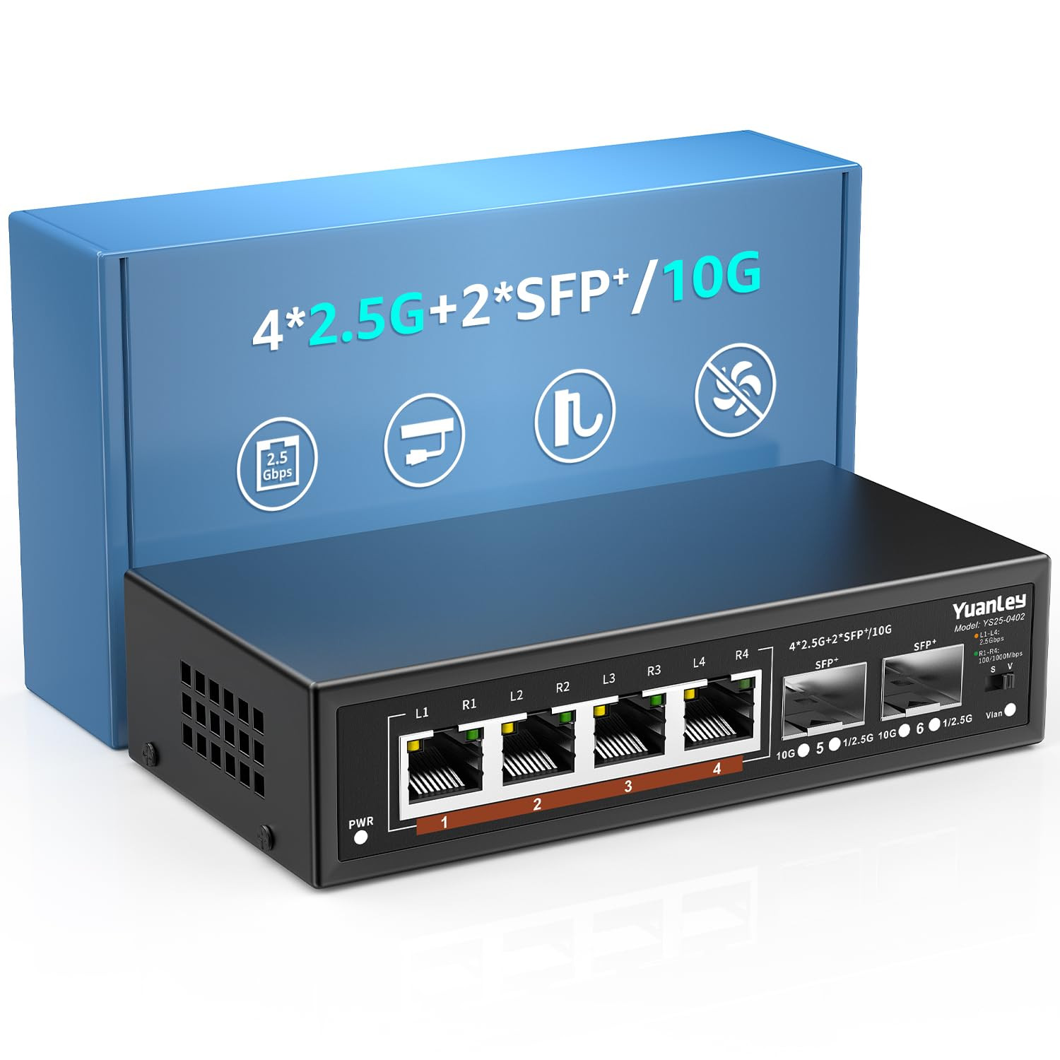 6 Port 2.5G Unmanaged Ethernet Switch, 4 x 2.5G Base-T Ports, 2 x 10G SFP, Co...