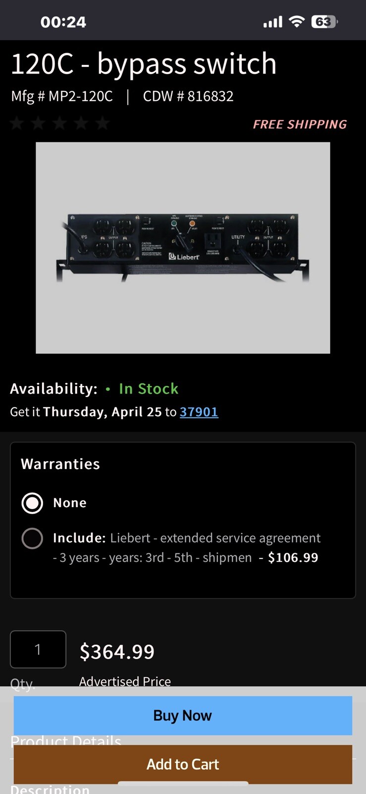 * NEW *Liebert MP2-130HW MicroPOD 24A Maintenance Bypass Switch