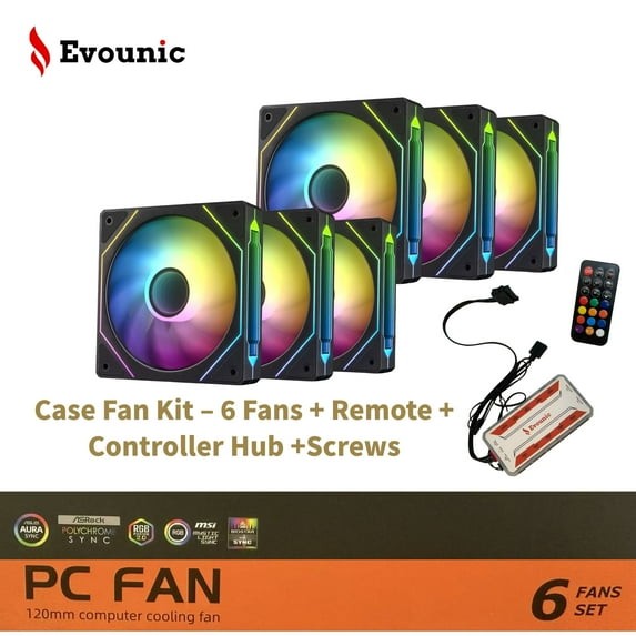 6-Pack 120mm 6pin Cooling ARGB Case Fan Kit w/Remote Control & Controller Hub