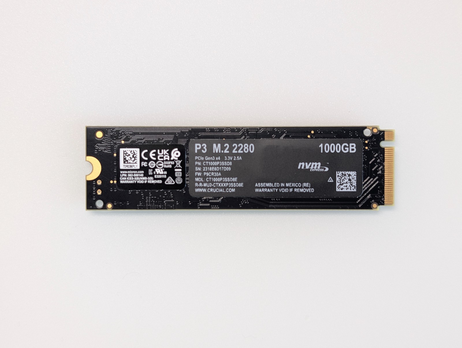 Crucial P3 1TB M.2 2280 NVMe PCIe3x4 SSD (CT1000P3SSD8)