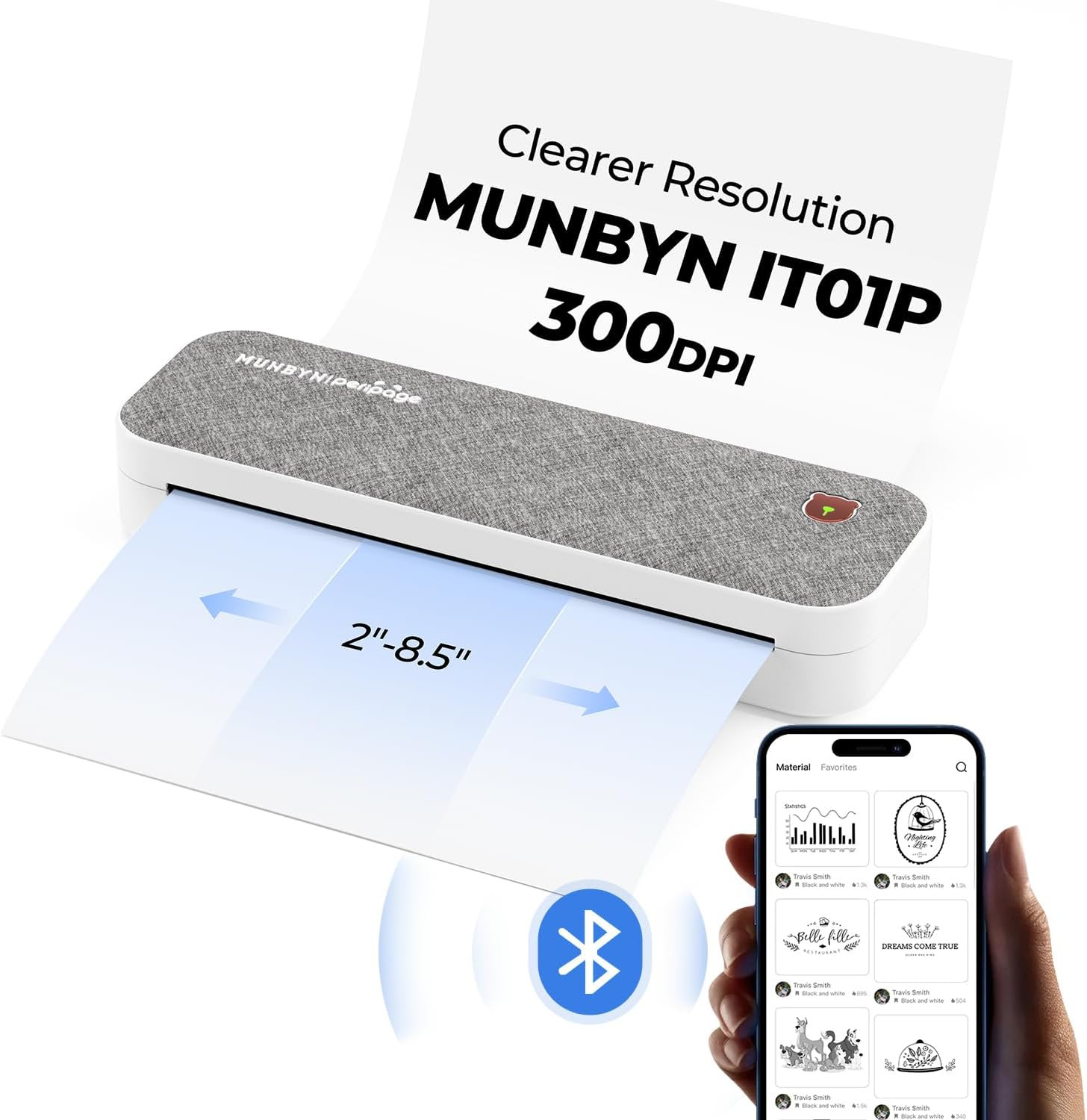 MUNBYN 300DPI Portable Printer Wireless for Travel, Bluetooth Thermal Printer, S