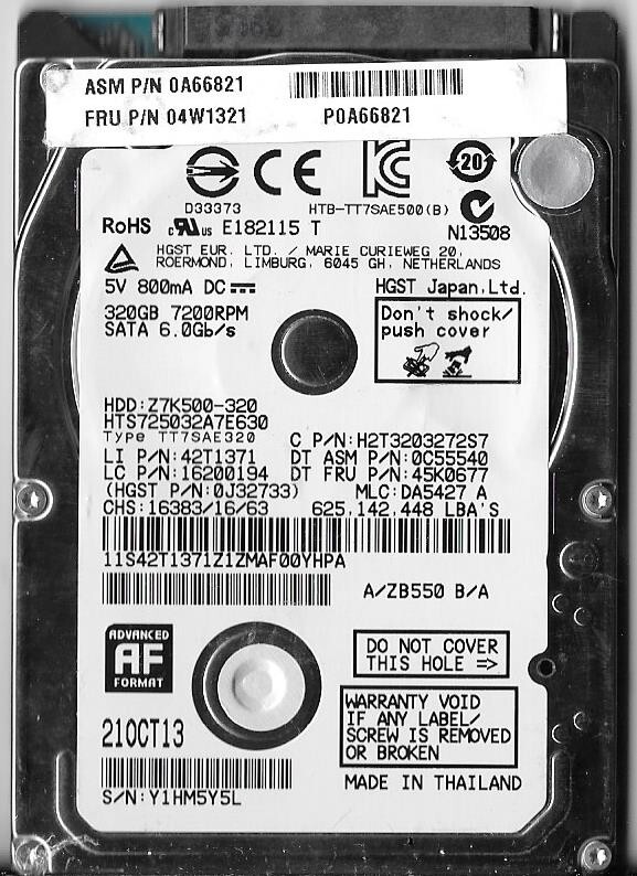 HGST HTS725032A7E630 320GB Sata Hard Drive P/N: 0J32733  MLC: DA5427