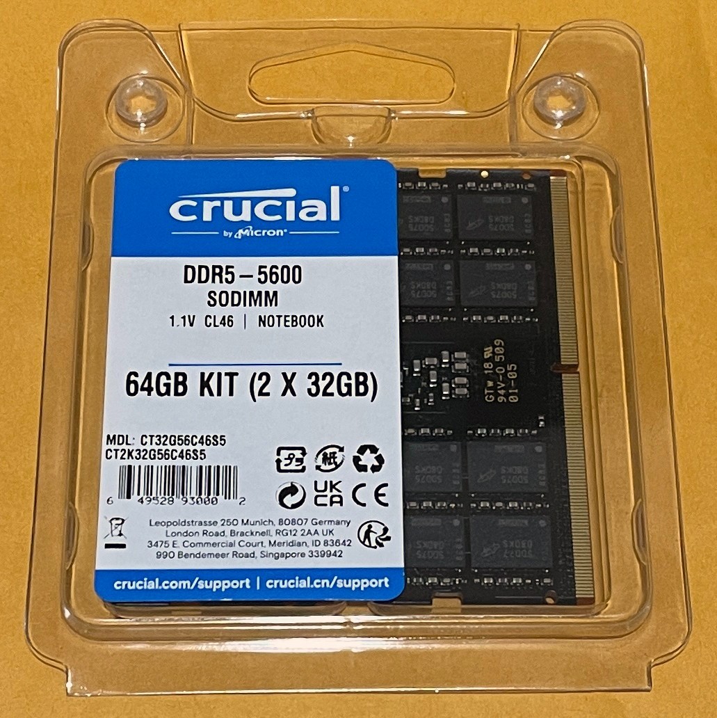 Crucial 64GB KIT (2x 32GB) 5600MHz PC5-44800 DDR5 Laptop SO-DIMM CT2K32G56C46S