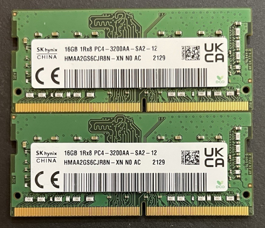 32GB SK Hynix (2 x 16GB) PC4- 3200AA 1Rx8 SODIMM Laptop HMAA2GS6CJR8N-XN Kit