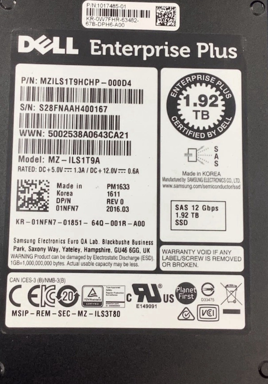1NFN7 DELL PM1633 Enterprise Plus 1.92TB SAS 12Gbps SSD MZ-ILS1T9A R640  R750