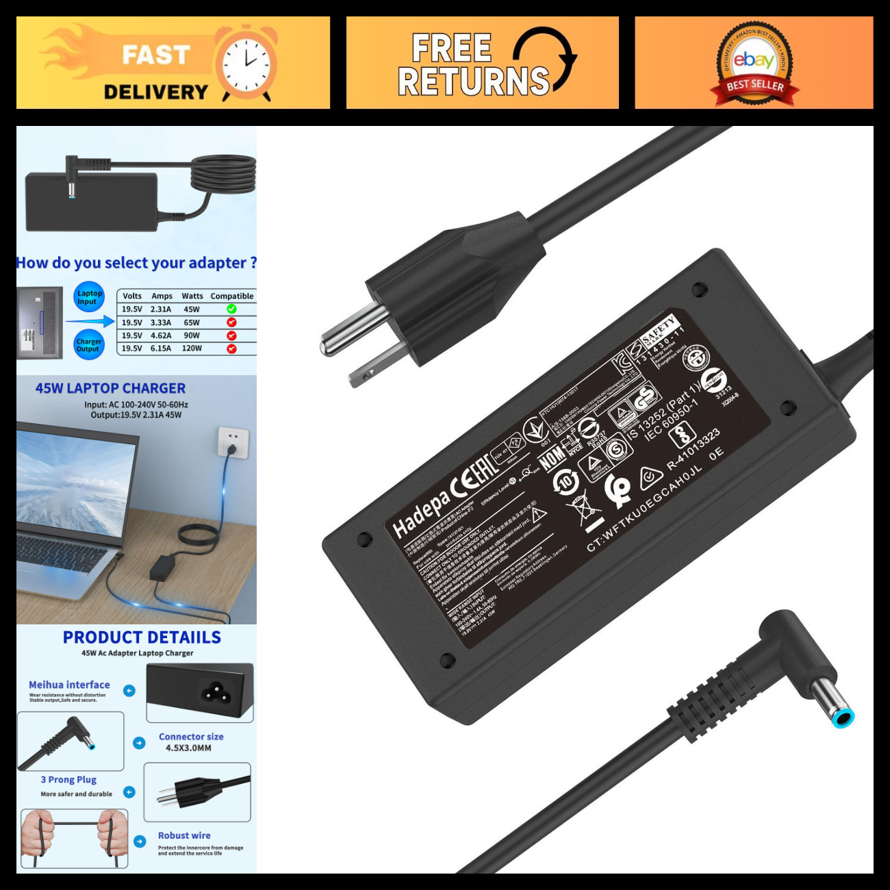 45W 2.31A Laptop Charger for HP TPN-DA16 L25296-001 R-41013323, Fast Charging Ad