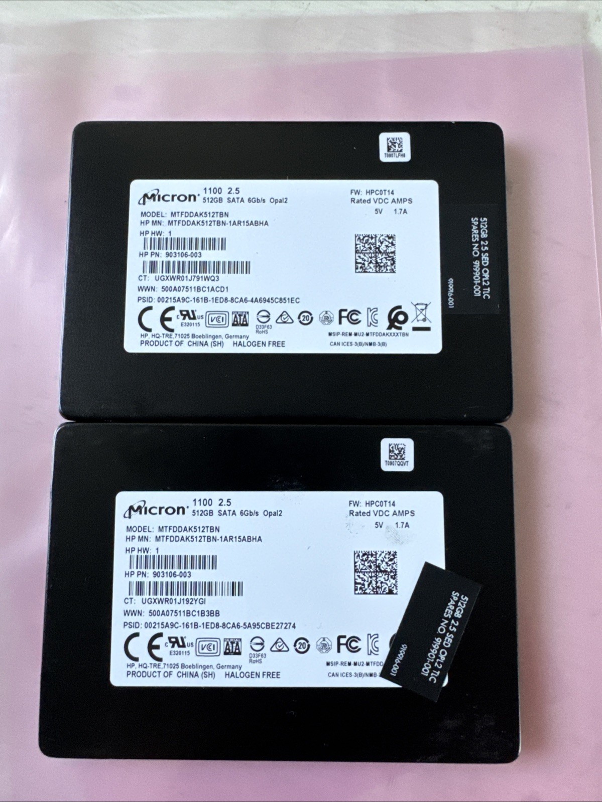 Lot 2 Micron 1100 MTFDDAK512TBN 512GB 2.5" SATA Opal2 Solid State Drive SSD