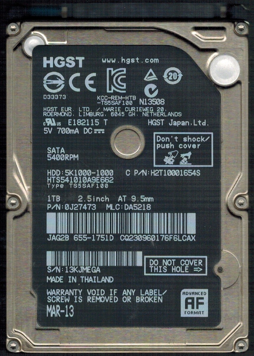 HTS541010A9E662 P/N: 0J27473 MLC: DA5218 THAILAND MAR 2013 HGST 1TB