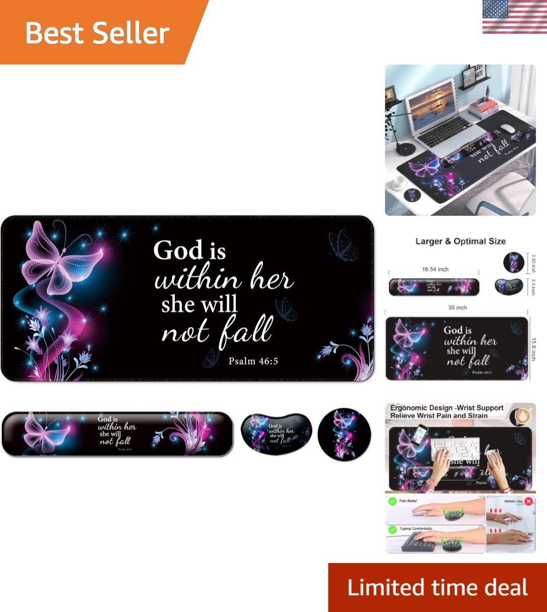Large Ergonomic Mouse Pad and Wrist Rest Set - Vibrant Purple Butterfly Design
