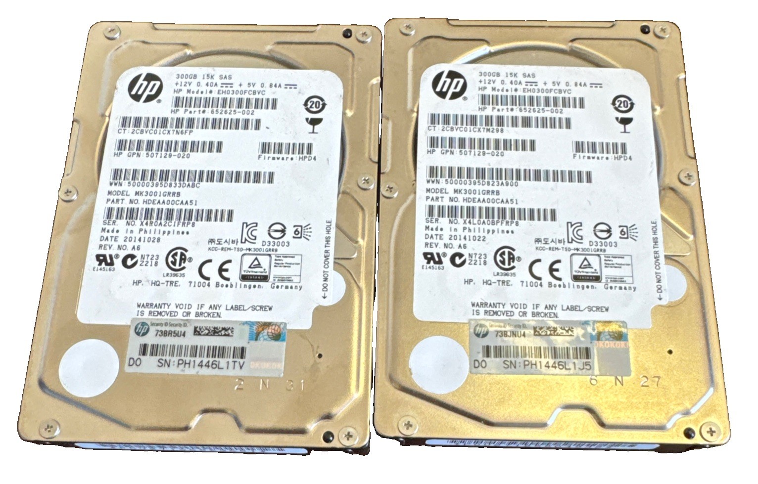 Lot of 2 HP 300GB 2.5" 6G 15K SAS HDD eH0300FBQDD 627114-002 G8-G10 Servers