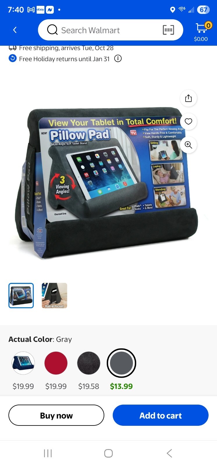 Pillow Pad Gray Deluxe Multi Angle Soft Tablet Stand NEW