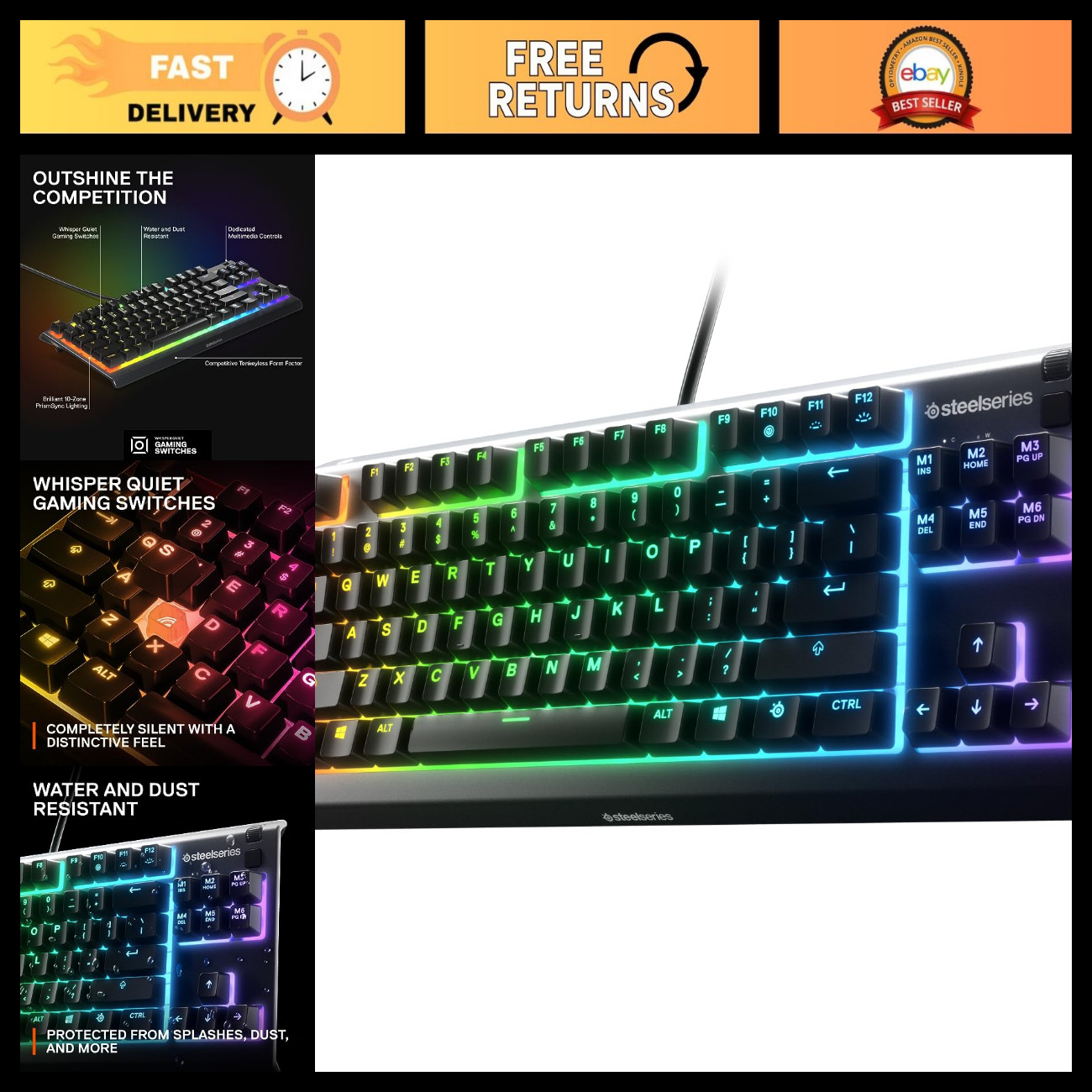 RGB Mechanical Gaming Keyboard TKL - Compact, Quiet, Backlit, Durable Design