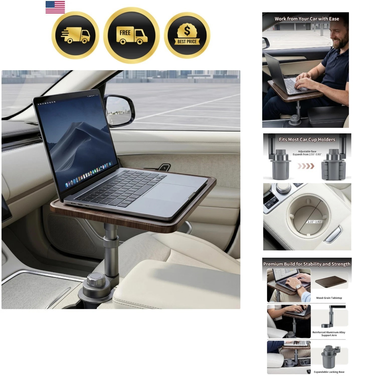 Solid Wood Car Desk for Laptop, Height-Adjustable, 360° Rotating