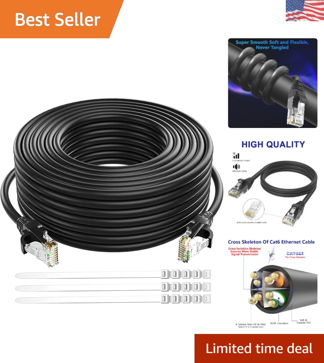 Versatile 20 Ft Cat 6 Ethernet Cable - Outdoor/Indoor, PoE & Fast Internet Ready