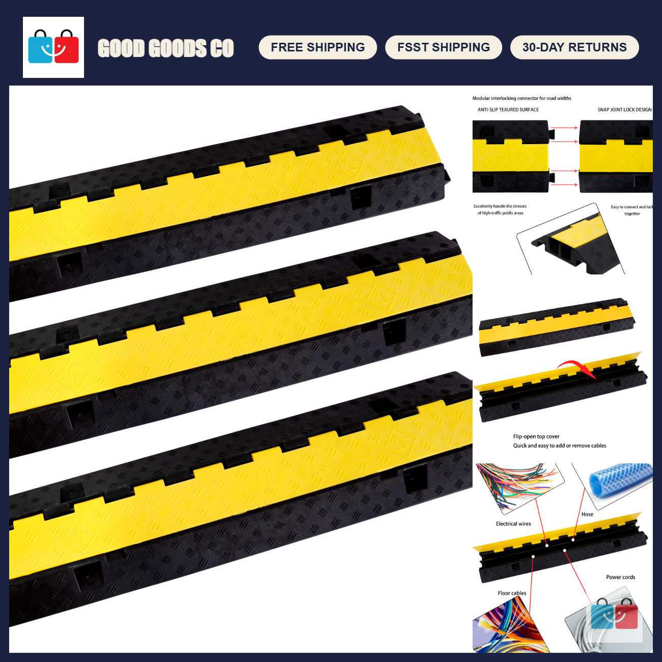 Heavy-Duty Rubber Cable Ramp Protector - 2-Channel Speed Bump, 22000Lbs Capacity