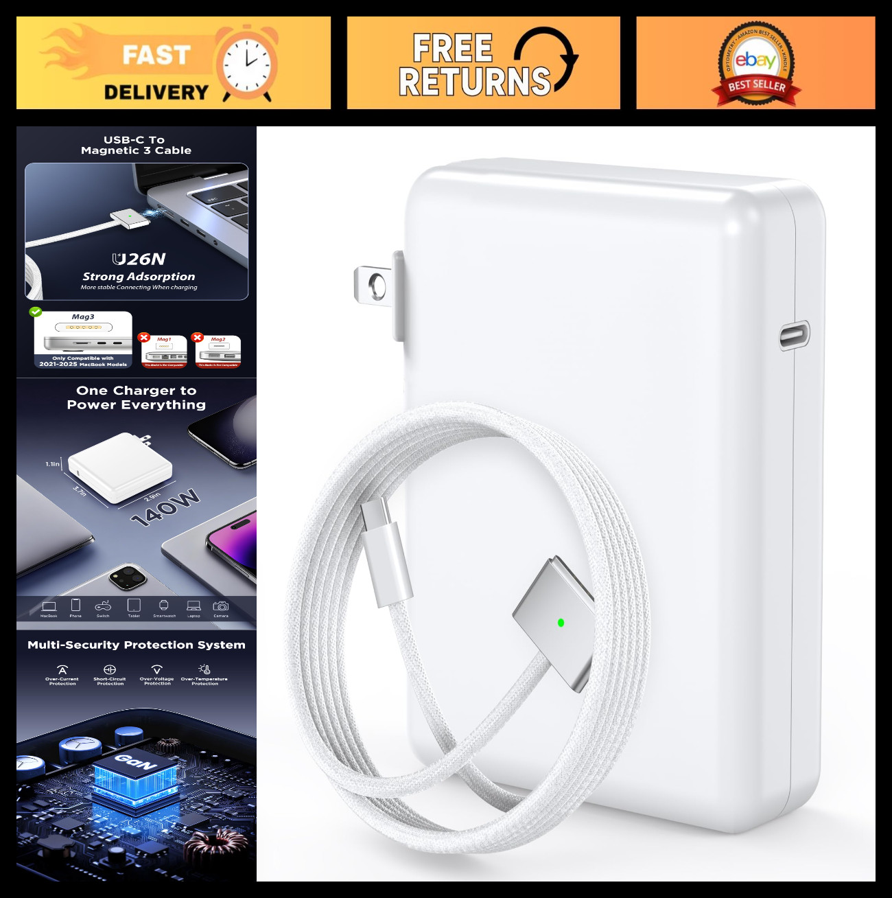 140W Fast Charger for MacBook Pro/Air 16/14/15/13 inch, Magnetic Cable, LED, Typ