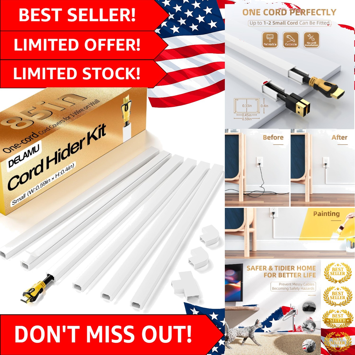 Complete Cable Management Kit - Elegant 7.85ft Self-Adhesive Cord Hider in White