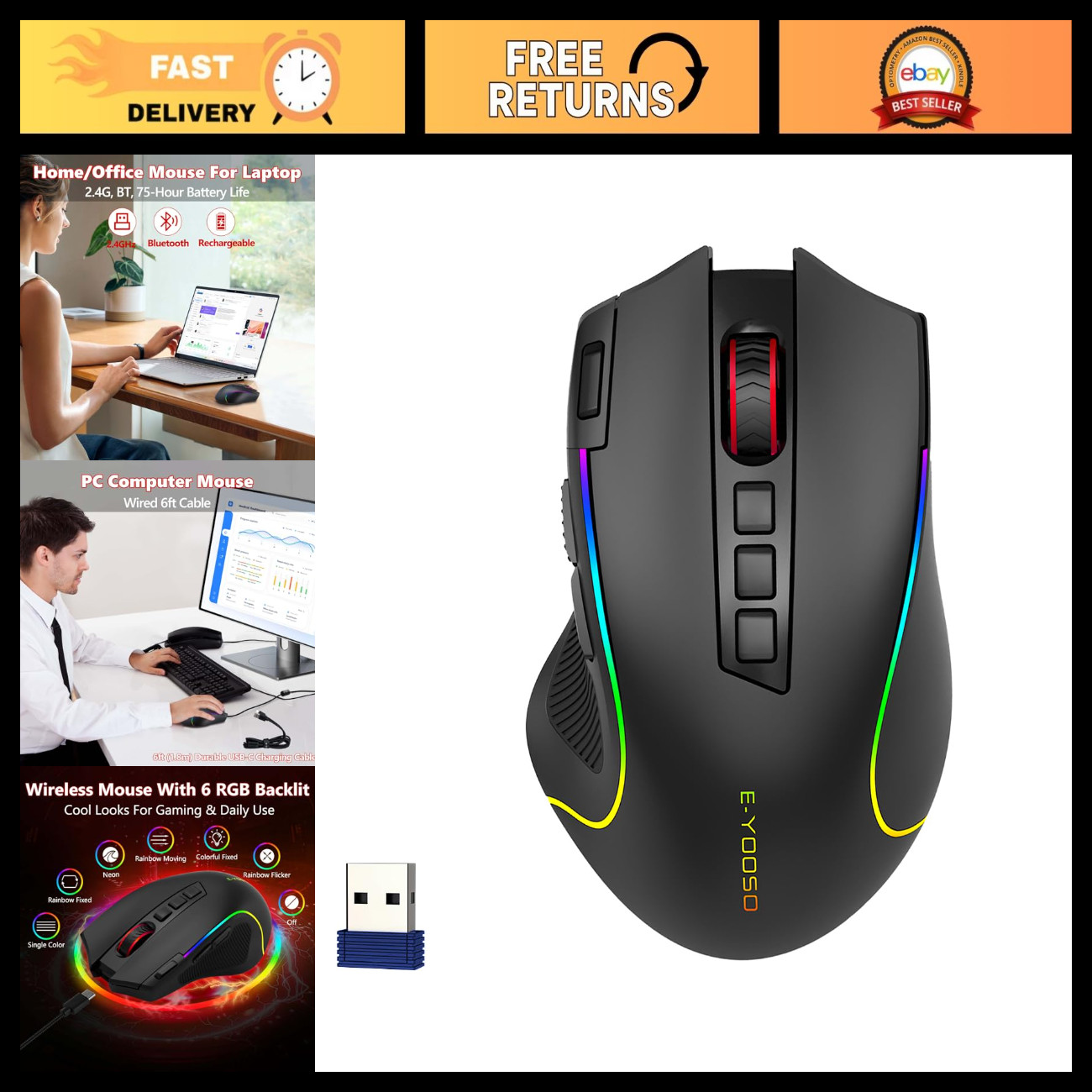 Premium Wireless Bluetooth Mouse, 8000 DPI, 6 RGB Backlit, Versatile Design