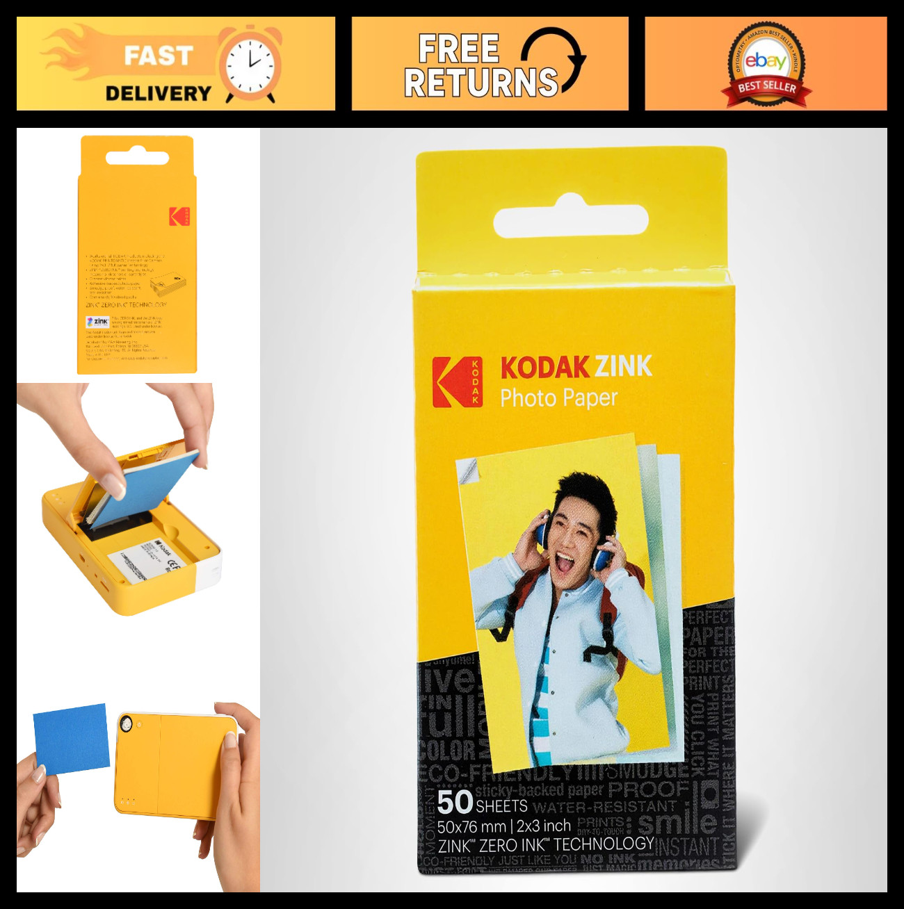 2x3 Premium Sticky-Backed ZINK Photo Paper (50 Sheets) - Compatible with Instant